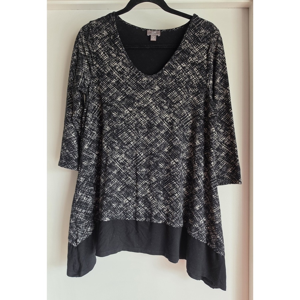 J.Jill Tunic Blouse Women M Black White Abstract V-Neck 3/4 Sleeve Top Shirt